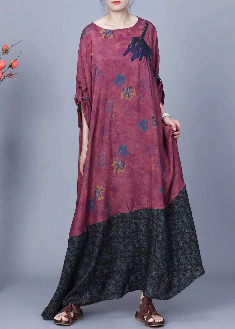 Purple Print Pockets Patchwork Silk Long Dresses Spring