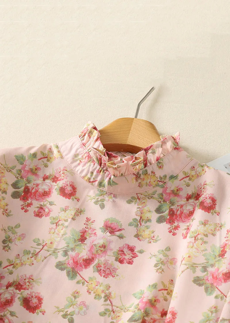 Stylish Pink Ruffled Print Button Cotton Blouse Top Spring