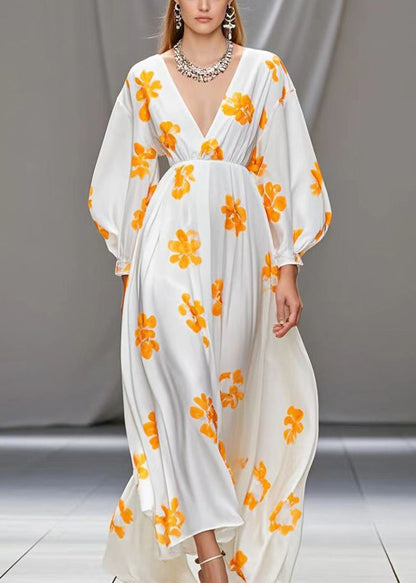 White V Neck Print Silk Vacation Dresses Fall