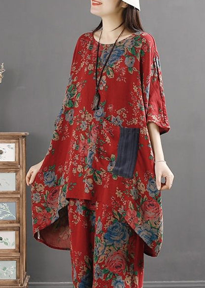 Red O-neck Print Low High Design Pockets Linen Tops Long Sleeve