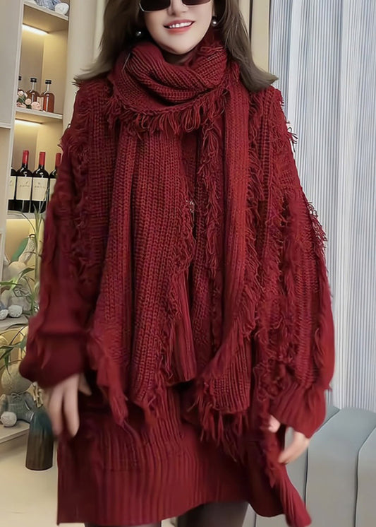 Red Tassel Patchwork Knitted Sweaters Spring