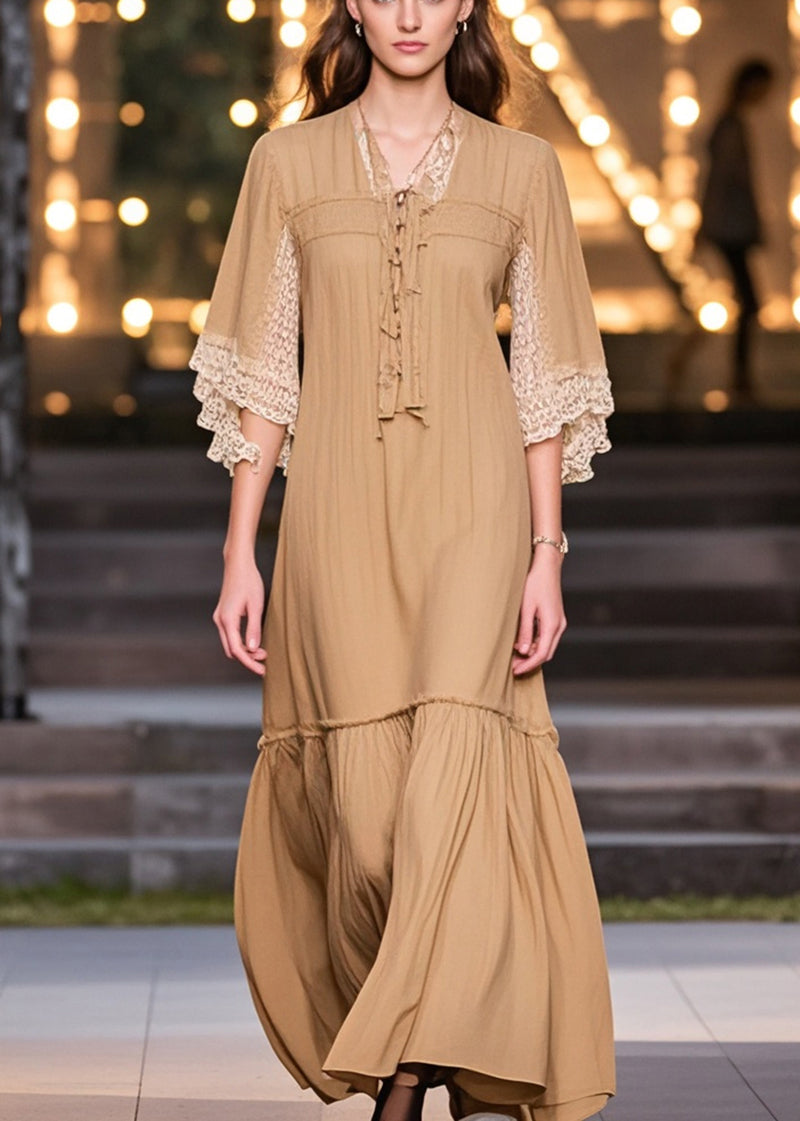 Khaki V Neck Patchwork Lace Cotton Robe Dress Summer