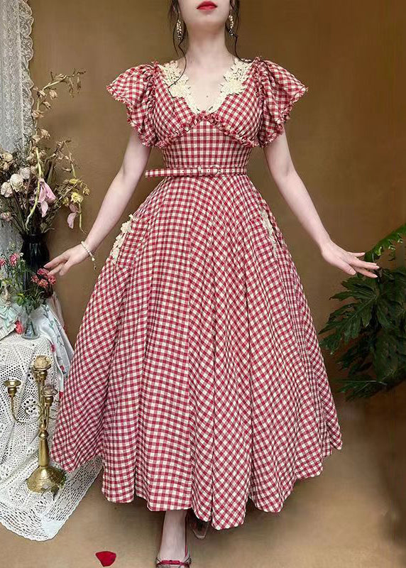 Classy Plaid V Neck Ruffled Pockets Cotton Dresses Summer