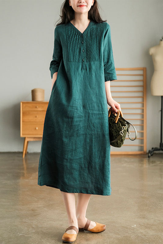 -summer V-neck Linen Dress Half Sleeve Dress
