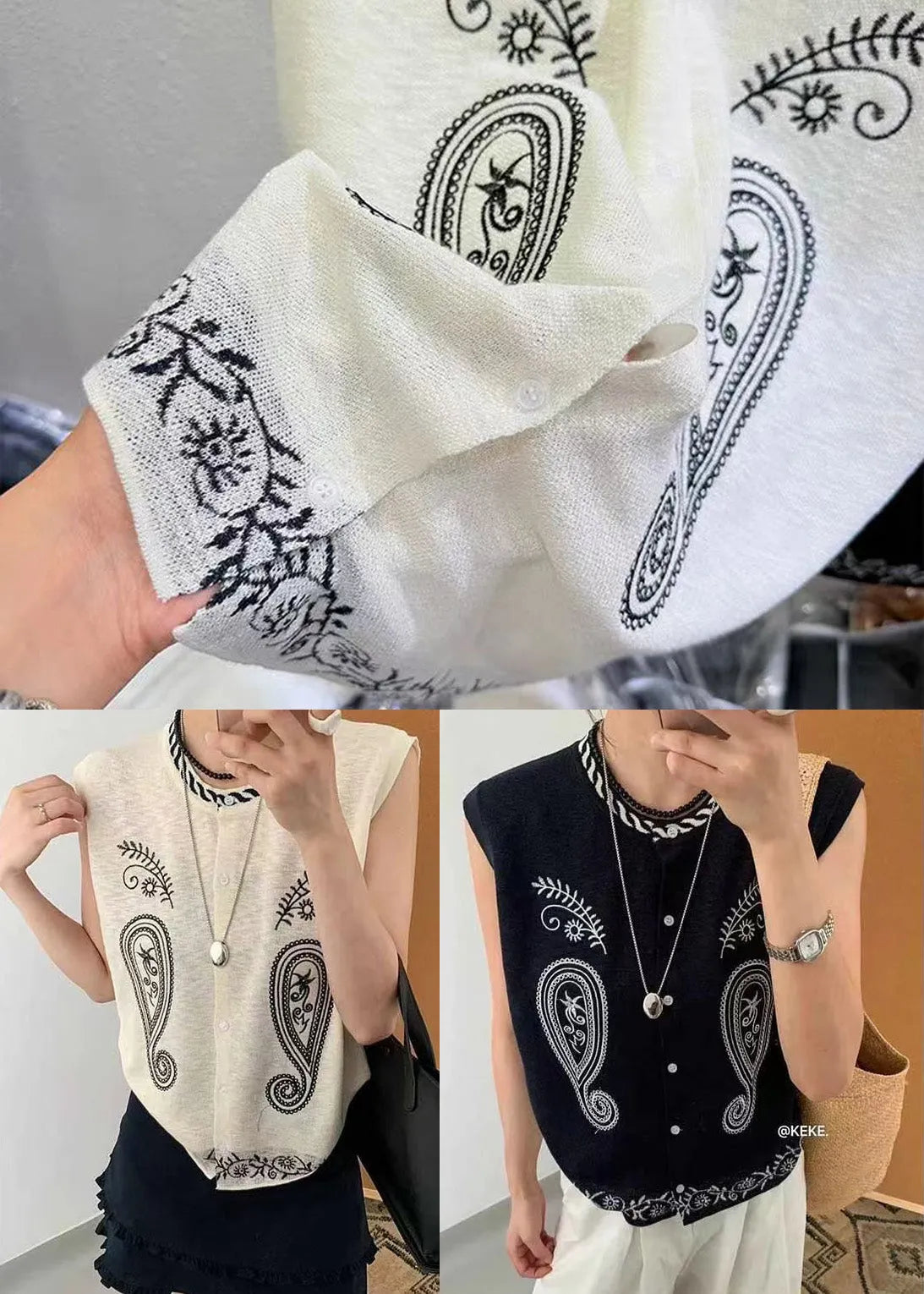 Black Embroideried Knit Vest Tops Sleeveless