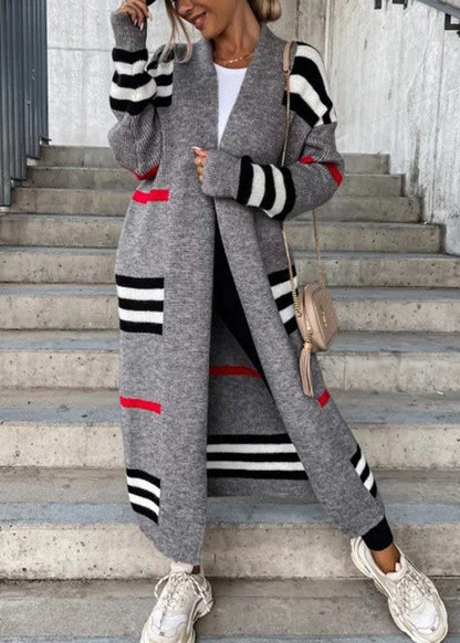 Grey V Neck Striped Knit Cardigan Fall