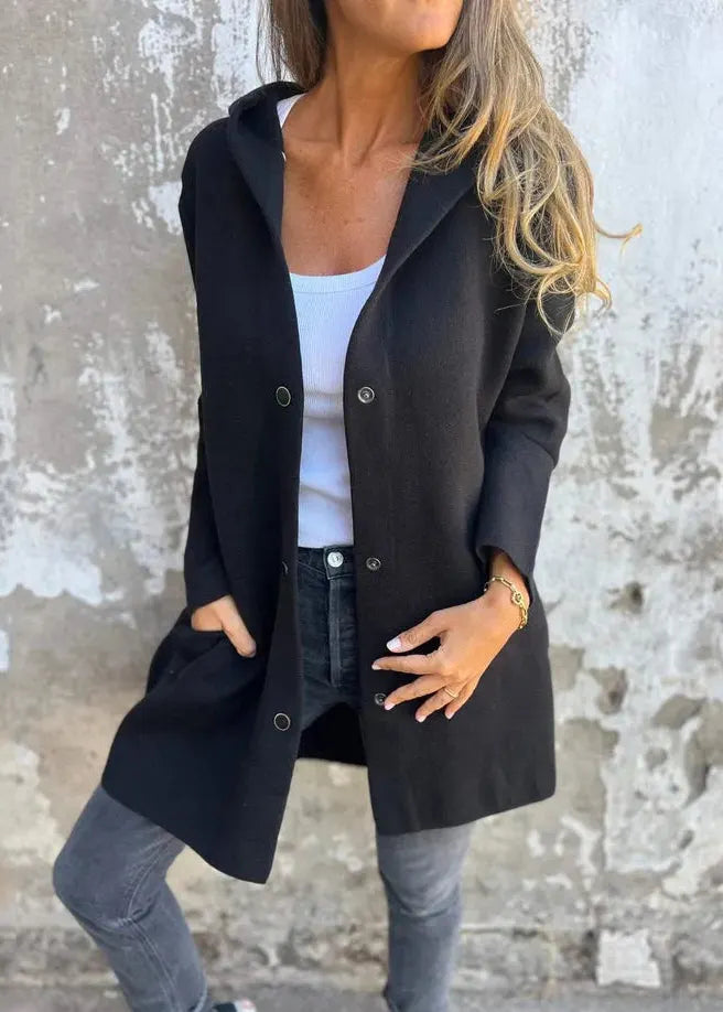 Grey Hooded Button Pockets Cotton Coat Fall