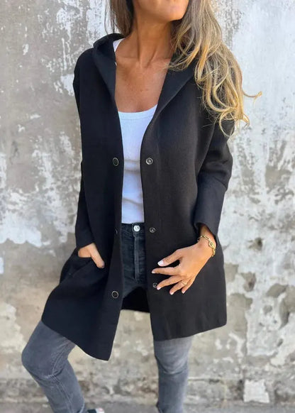 Grey Hooded Button Pockets Cotton Coat Fall