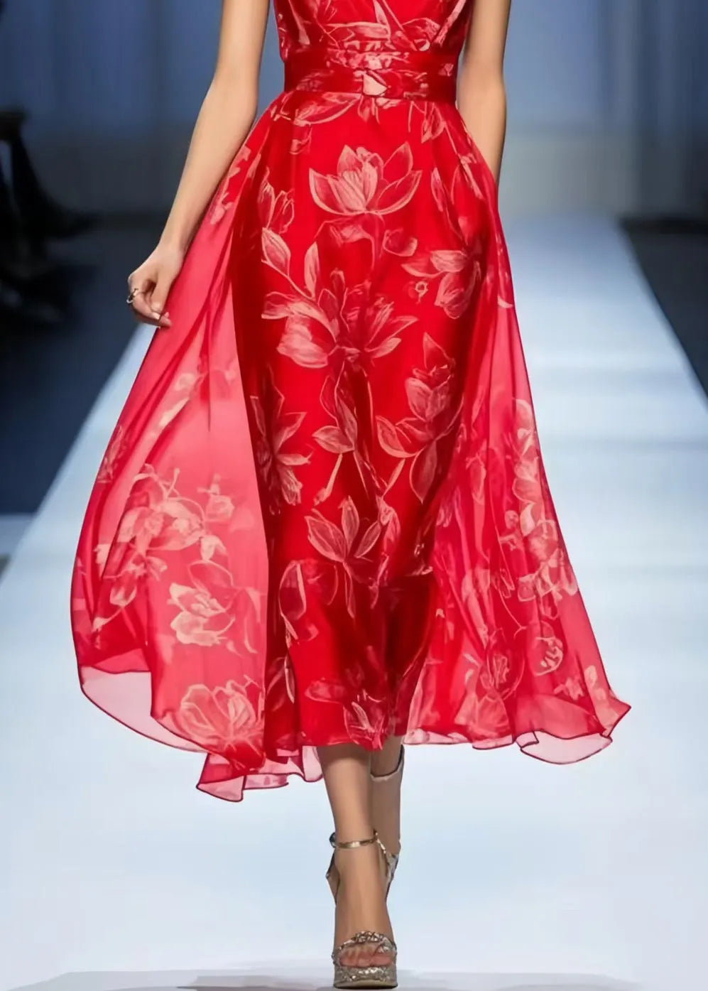 Red Print Draping Chiffon Vacation Dresses Sleeveless