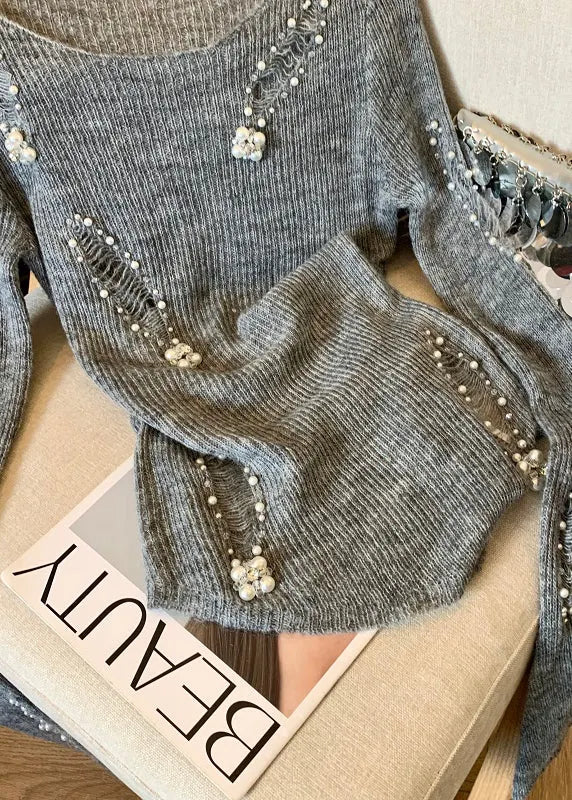 Modern Grey Nail Bead Hollow Out Knit Tops Spring