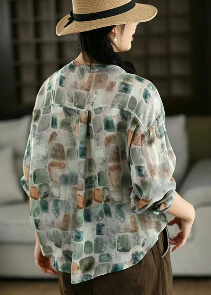 Blue Oversized Print Linen Shirts Spring