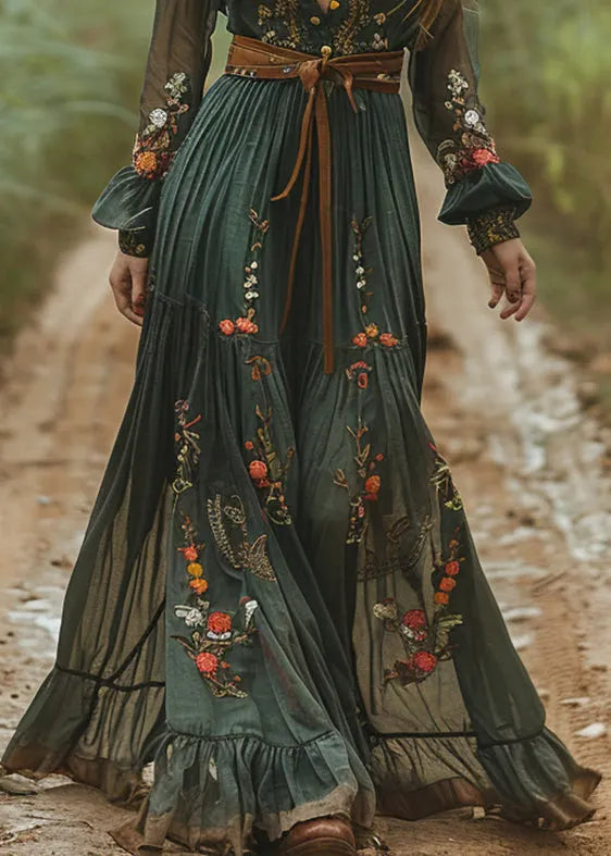 Green Peter Pan Collar Print Wrinkled Cotton Long Dresses Fall