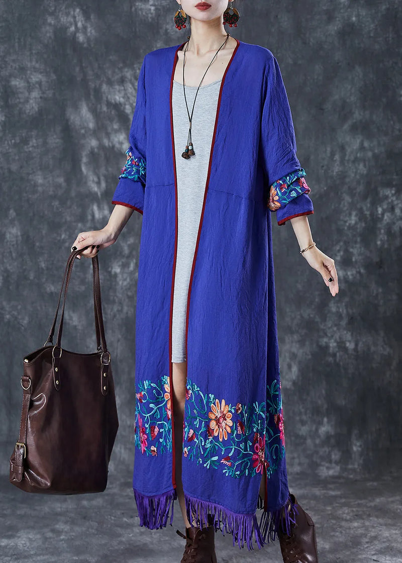 Blue Tasseled Embroidered Cotton Cardigan Fall