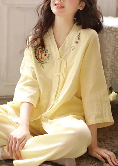Original Purple Embroidered Button Cotton Pajamas Two Piece Set Bracelet Sleeve