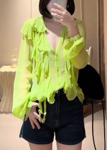Modern Fluorescent Green Ruffled Chiffon Upf 50+ Top Fall