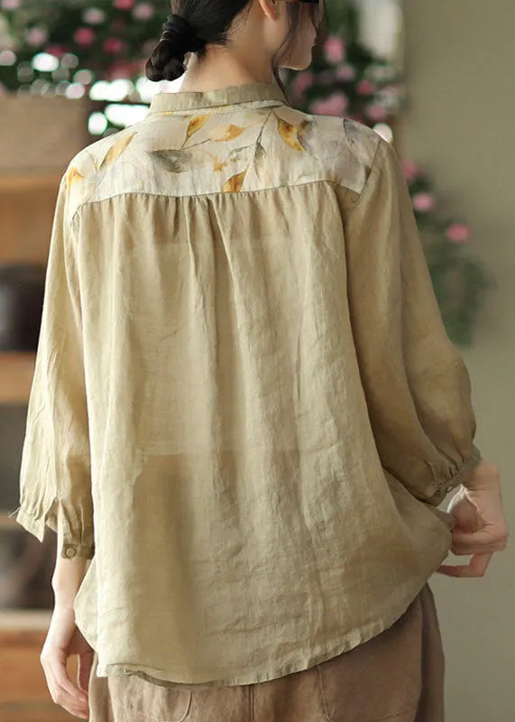 Khaki Print Linen Blouses Ruffles Peter Pan Collar Three Quarter Sleeve