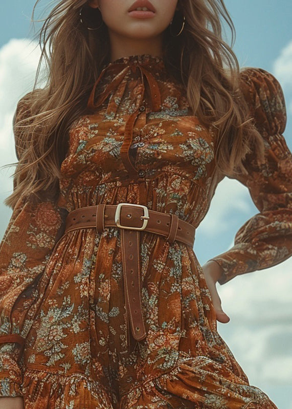 Pastoral Style Ruffled Print Cotton Mini Dress Long Sleeve