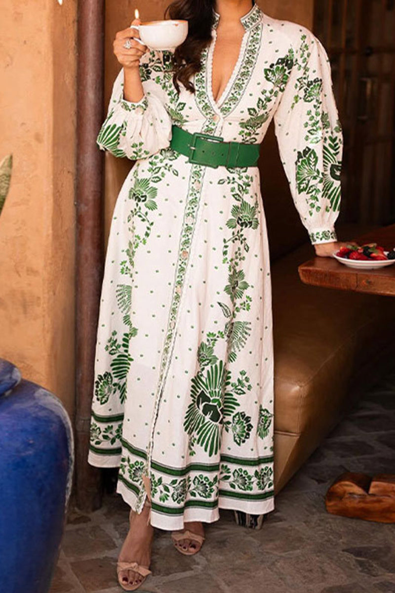 Vacation Print Buckle V Neck Long Sleeve Dresses
