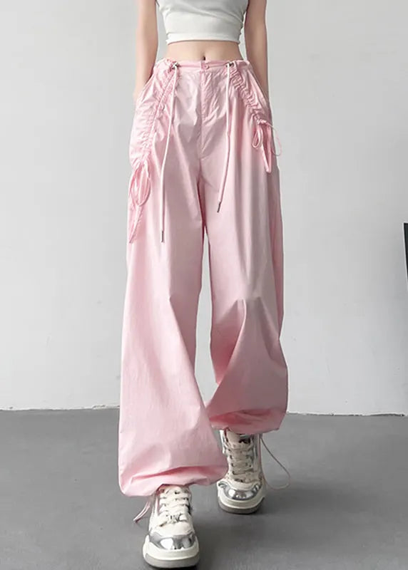 Rose High Waist Pockets Drawstring Straight Pants