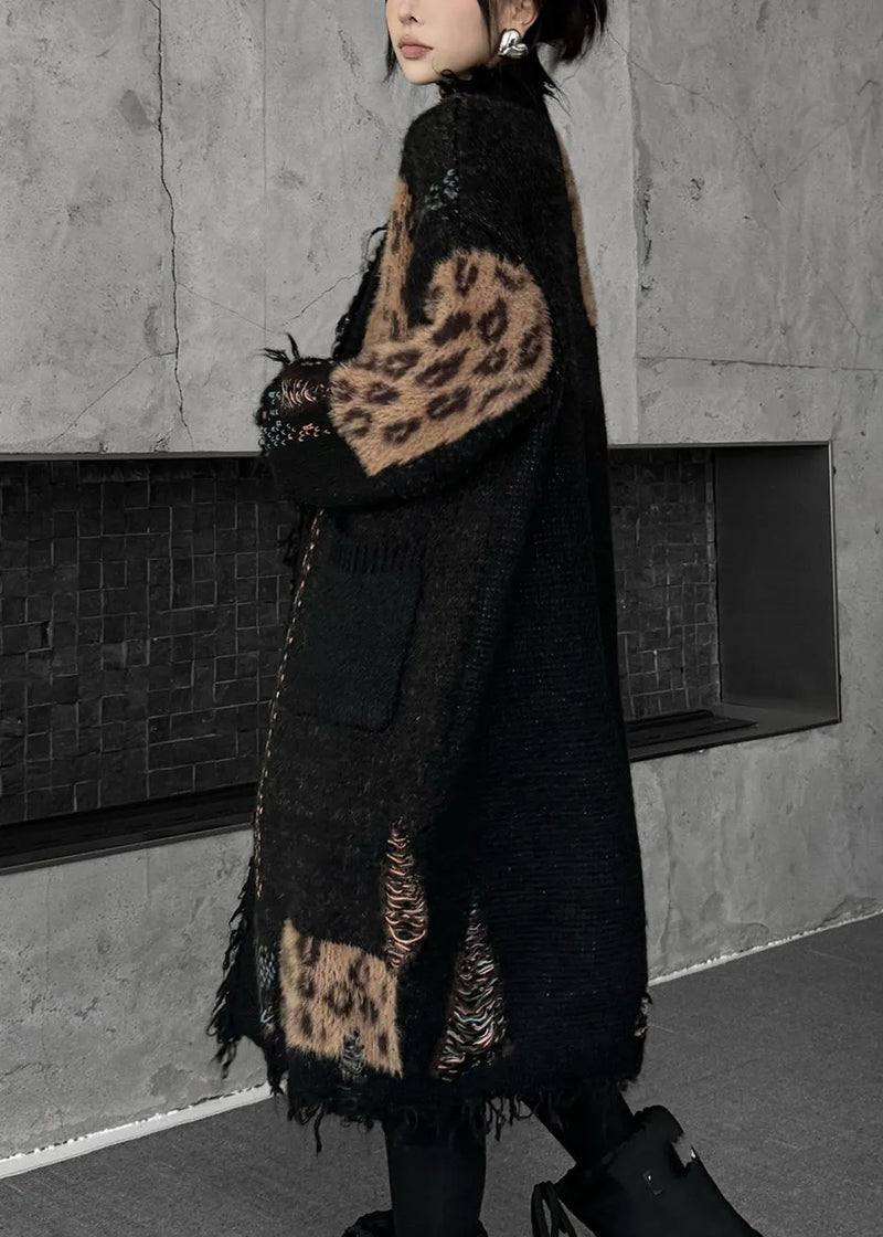 Black Print Patchwork Cotton Knit Cardigan Fall