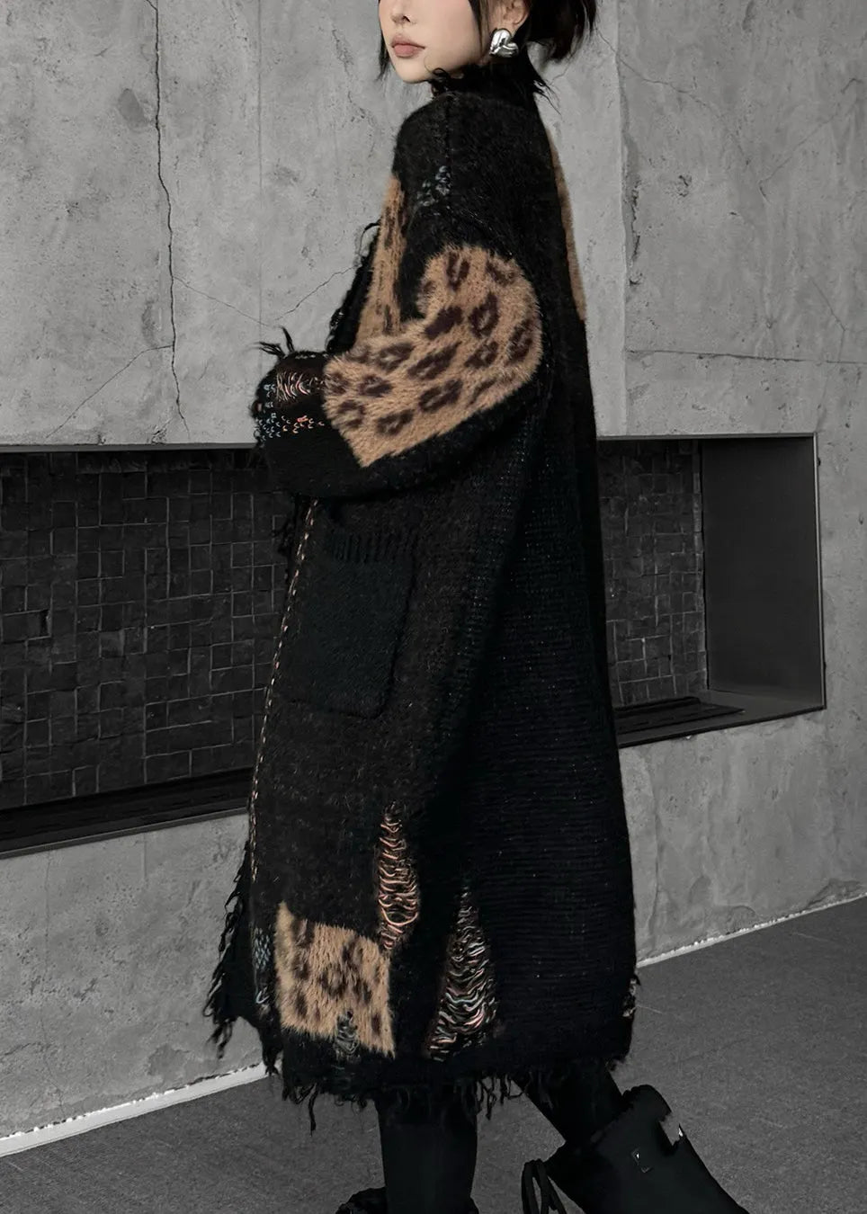 Black Print Patchwork Cotton Knit Cardigan Fall