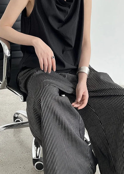 Italian Black Oversized Striped Cotton Wide Leg Pants Spring
