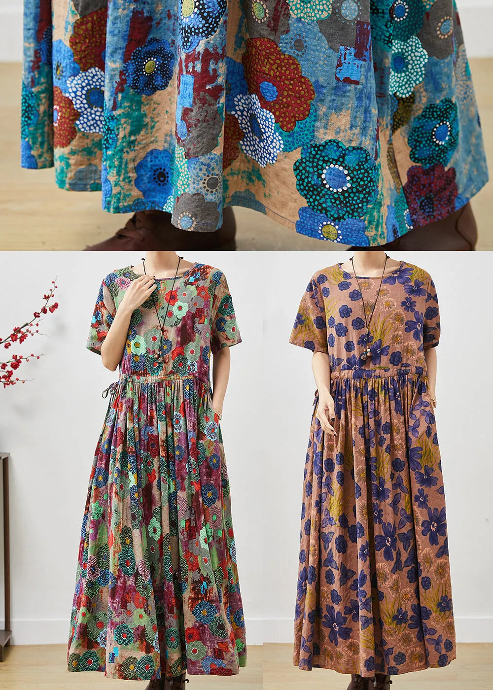 Brown Cinched Print Cotton Long Dresses Summer