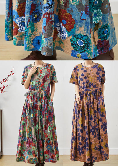 Brown Cinched Print Cotton Long Dresses Summer