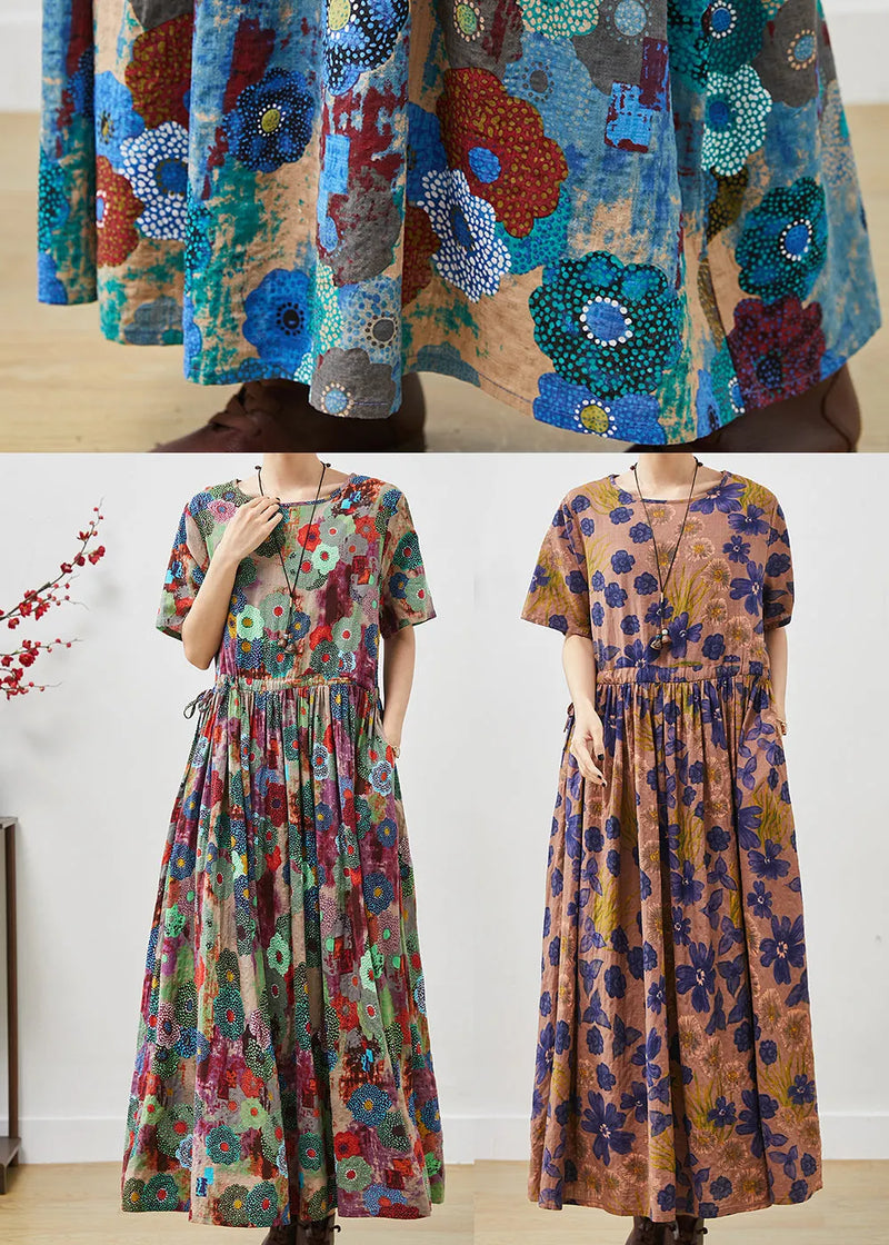 Brown Cinched Print Cotton Long Dresses Summer