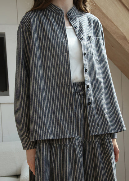 Loose Stand Collar Striped Button Cotton Shirt Spring