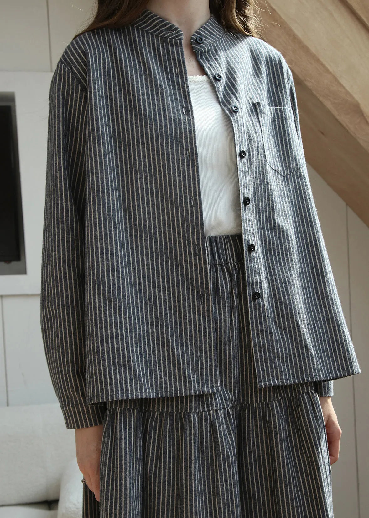 Loose Stand Collar Striped Button Cotton Shirt Spring