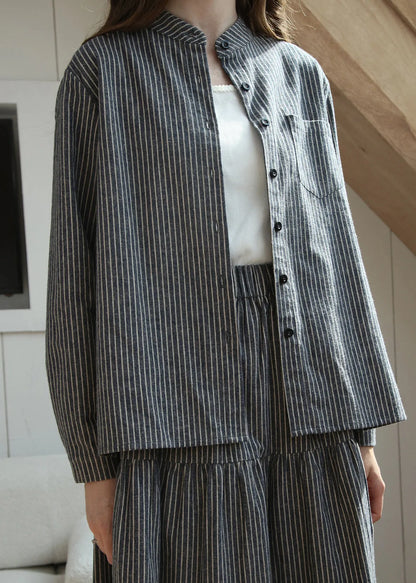 Loose Stand Collar Striped Button Cotton Shirt Spring
