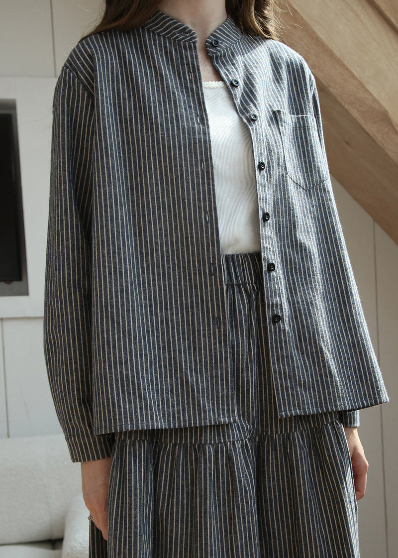 Loose Stand Collar Striped Button Cotton Shirt Spring