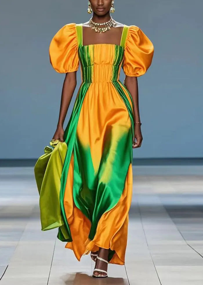 Yellow Puff Sleeve Tie Dye Silk Holiday Dress