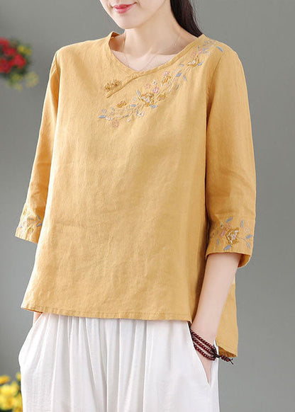 Purple Patchwork Linen Shirt Top O-neck Embroidered Three Quarter Sleeve