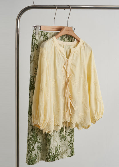 Yellow Embroidered Lace Up Cotton Shirt Top Fall