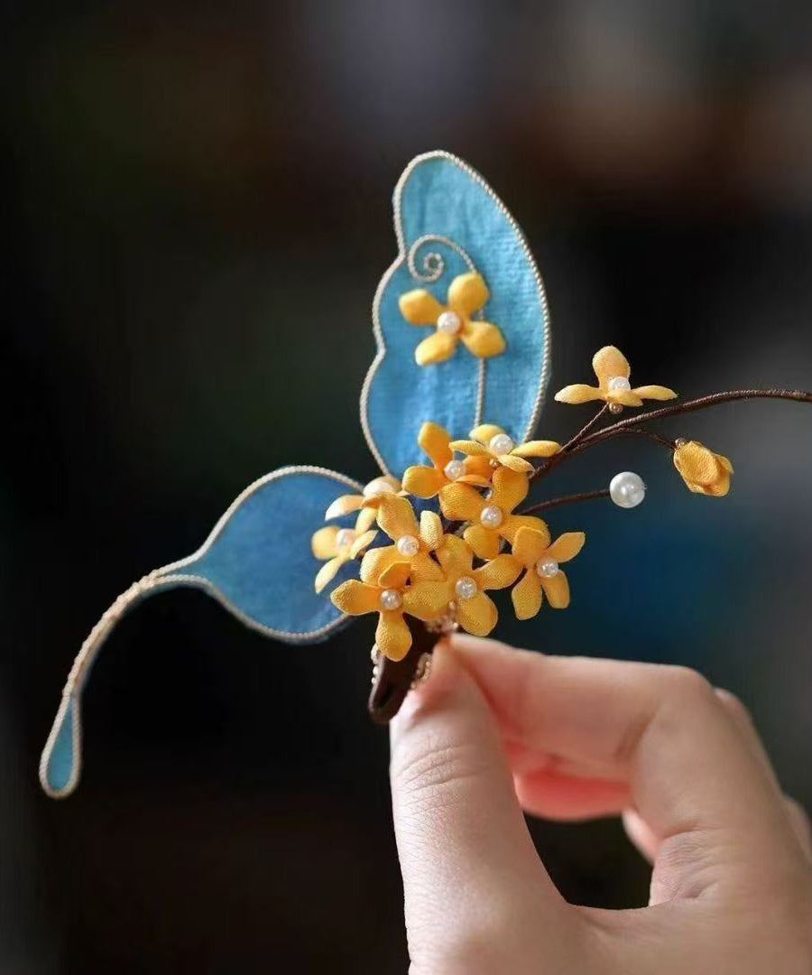 Chinese Style Blue Sterling Silver Overgild Butterfly Osmanthus Hairpin
