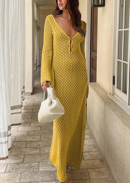 European and American Style White V Neck Hollow Out Knit Long Dress Spring