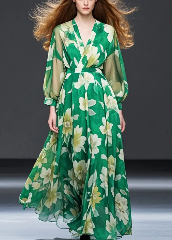 Grass Green Cinched Chiffon Maxi Dresses Fall
