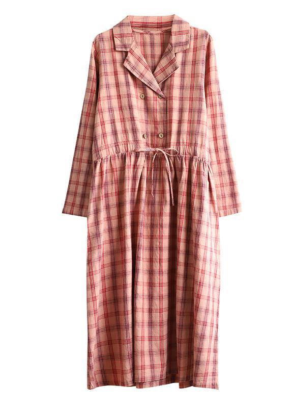 Loose Pink Plaid Linen Cotton Clothes Notched Drawstring Cotton Dress