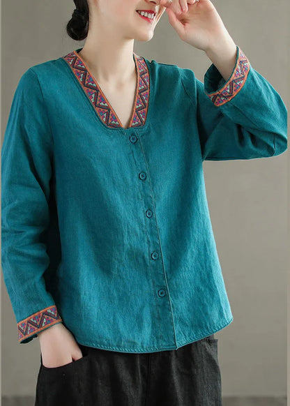 Blue V Neck Embroidered Patchwork Linen Shirts Top Spring
