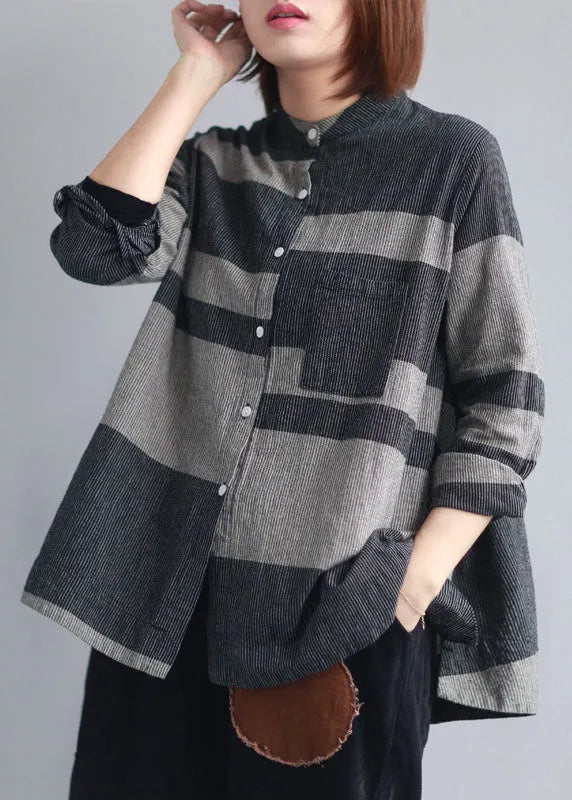 Stylish Black Grey Stand Collar Pocket Button Striped Shirts Spring
