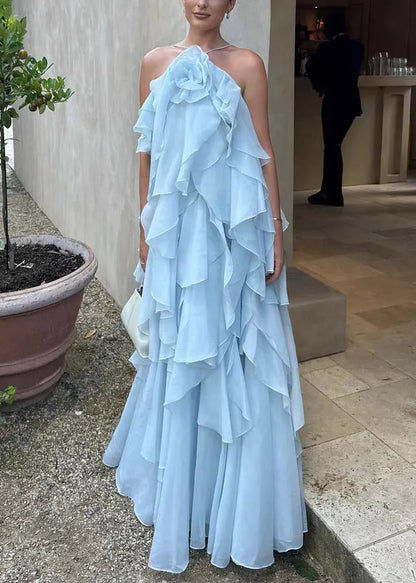 Italian Blue Backless Chiffon Spaghetti Strap Dress Sleeveless