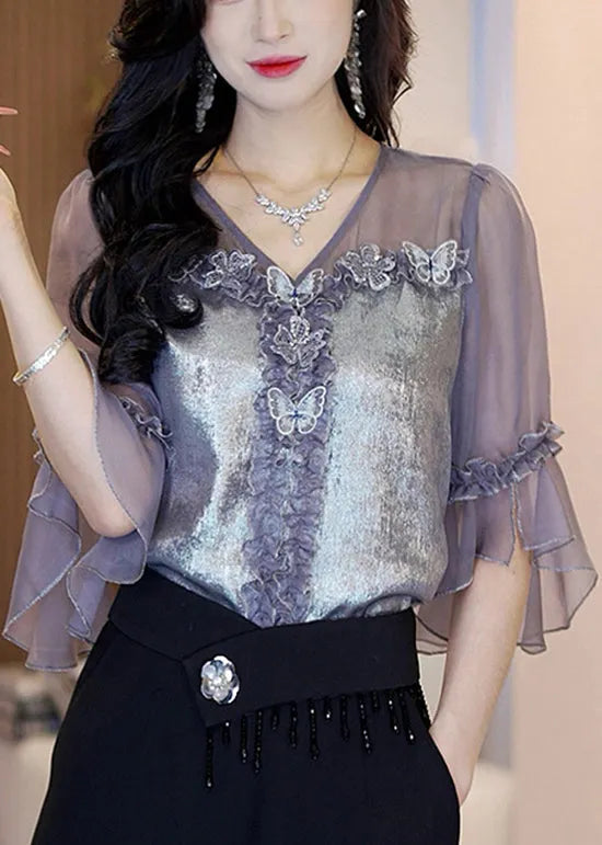 New Silver Gray Ruffled Butterfly V Neck Silk Top Summer