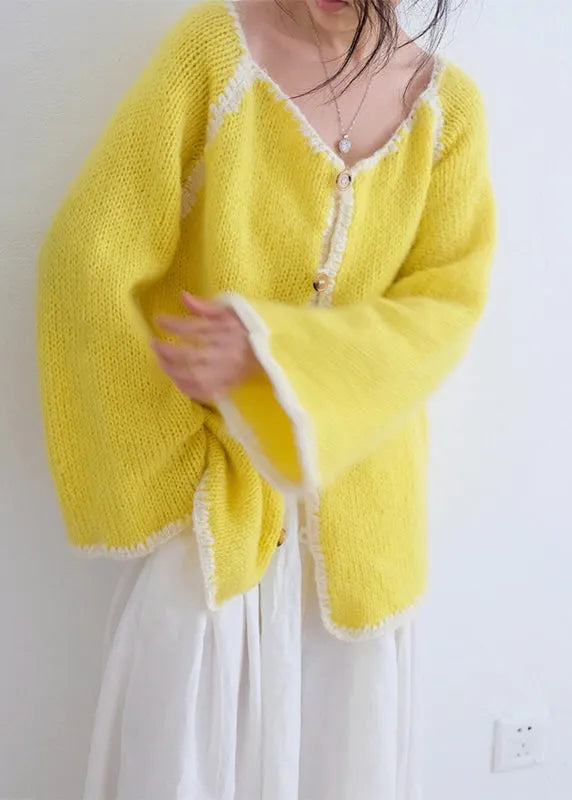 Yellow O Neck Button Knit Cardigans Fall
