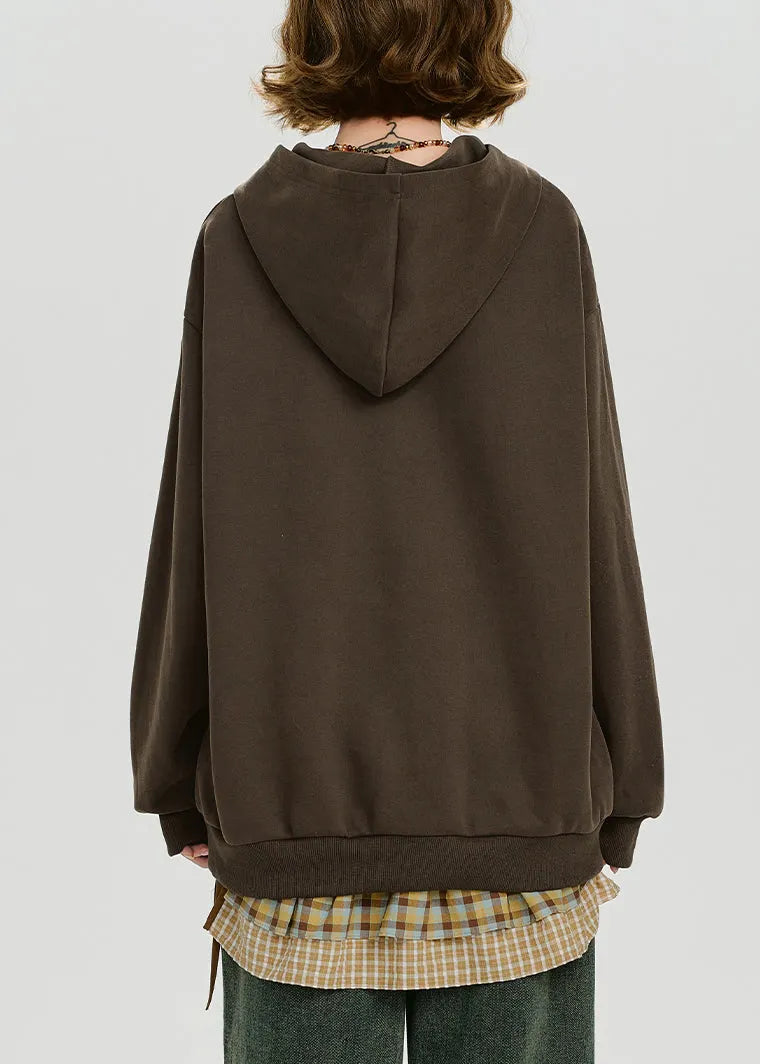 Loose Coffee Hooded Print Cotton Sweatshirt Fall