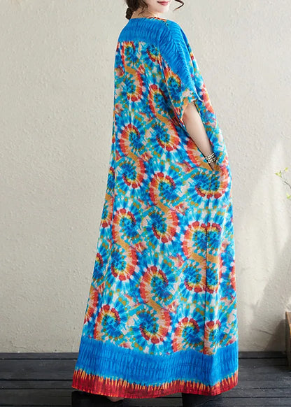 Blue Oversized Print Cotton Vacation Dress Batwing Sleeve