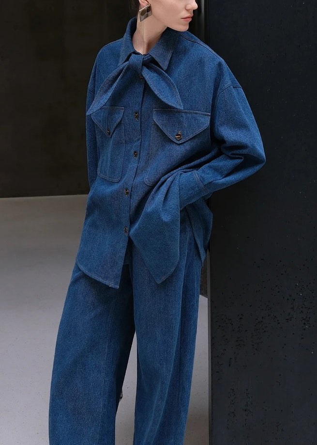Denim Blue Peter Pan Collar Button Shirt and Pants Two Pieces Set Fall