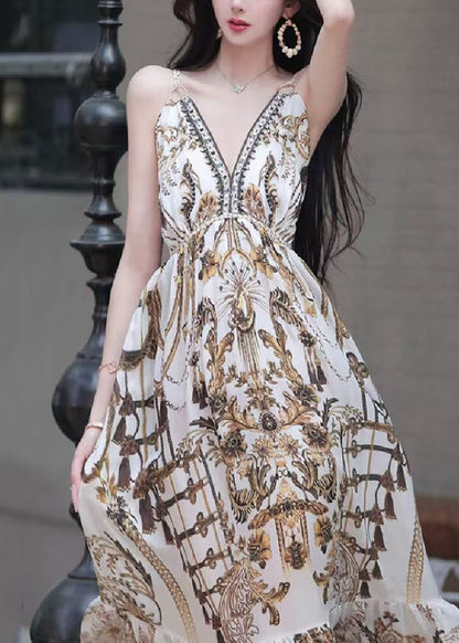 V Neck Print High Waist Spaghetti Strap Dress Sleeveless