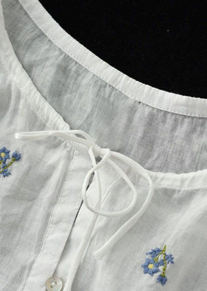 Simple White Embroidered O-neck Summer Ramie Tops Half Sleeve